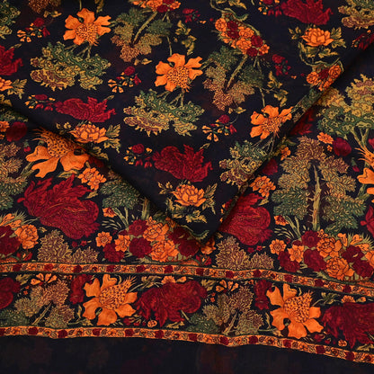 Indian Vintage Black Pure Chiffon Silk Saree Printed Floral Design 5 Yards Sheer Soft Fabric for Sewing, Dressmaking,