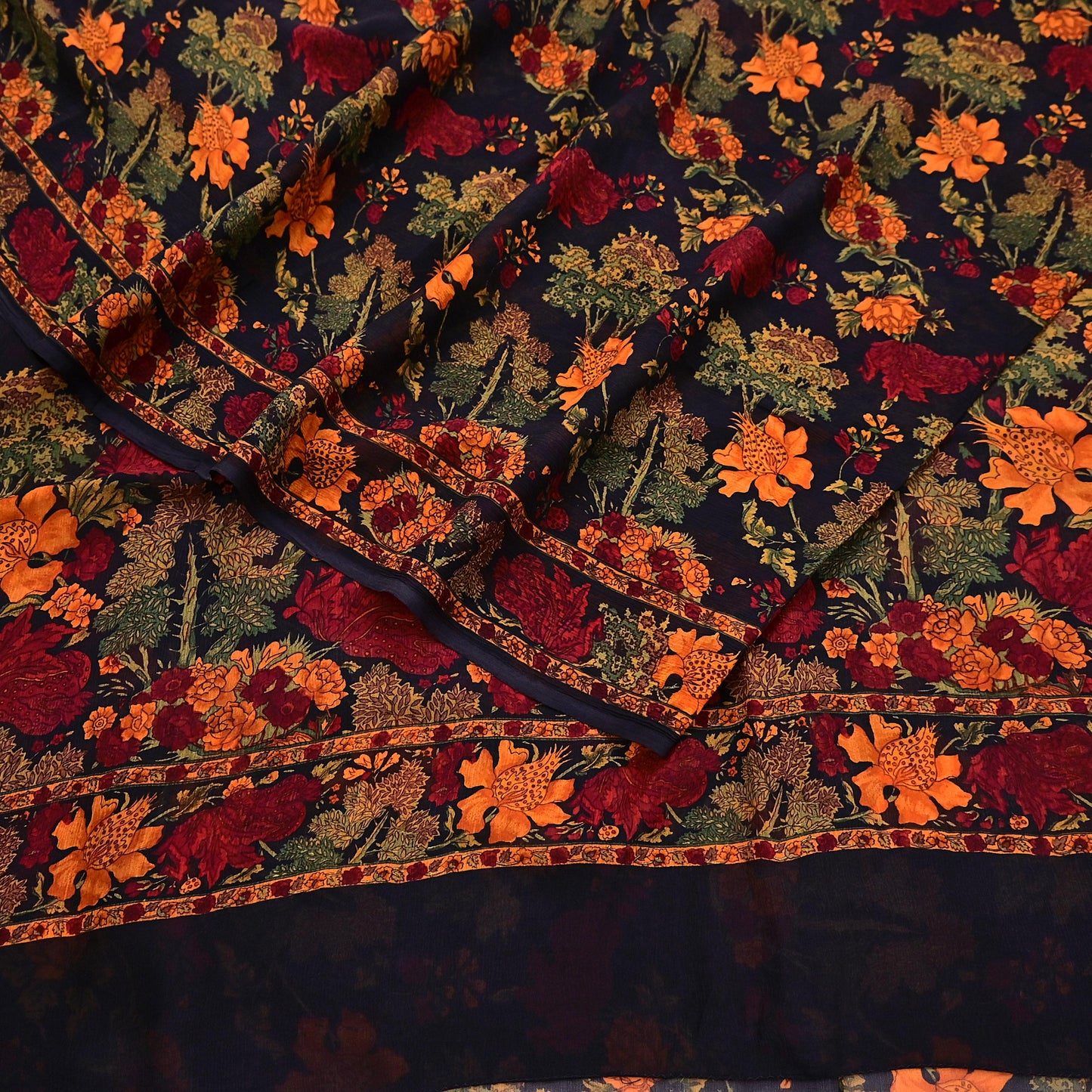 Indian Vintage Black Pure Chiffon Silk Saree Printed Floral Design 5 Yards Sheer Soft Fabric for Sewing, Dressmaking,