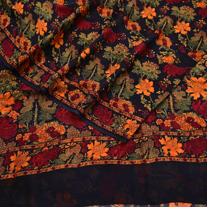 Indian Vintage Black Pure Chiffon Silk Saree Printed Floral Design 5 Yards Sheer Soft Fabric for Sewing, Dressmaking,