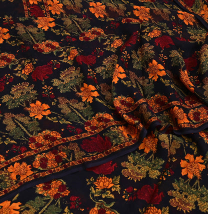 Indian Vintage Black Pure Chiffon Silk Saree Printed Floral Design 5 Yards Sheer Soft Fabric for Sewing, Dressmaking,