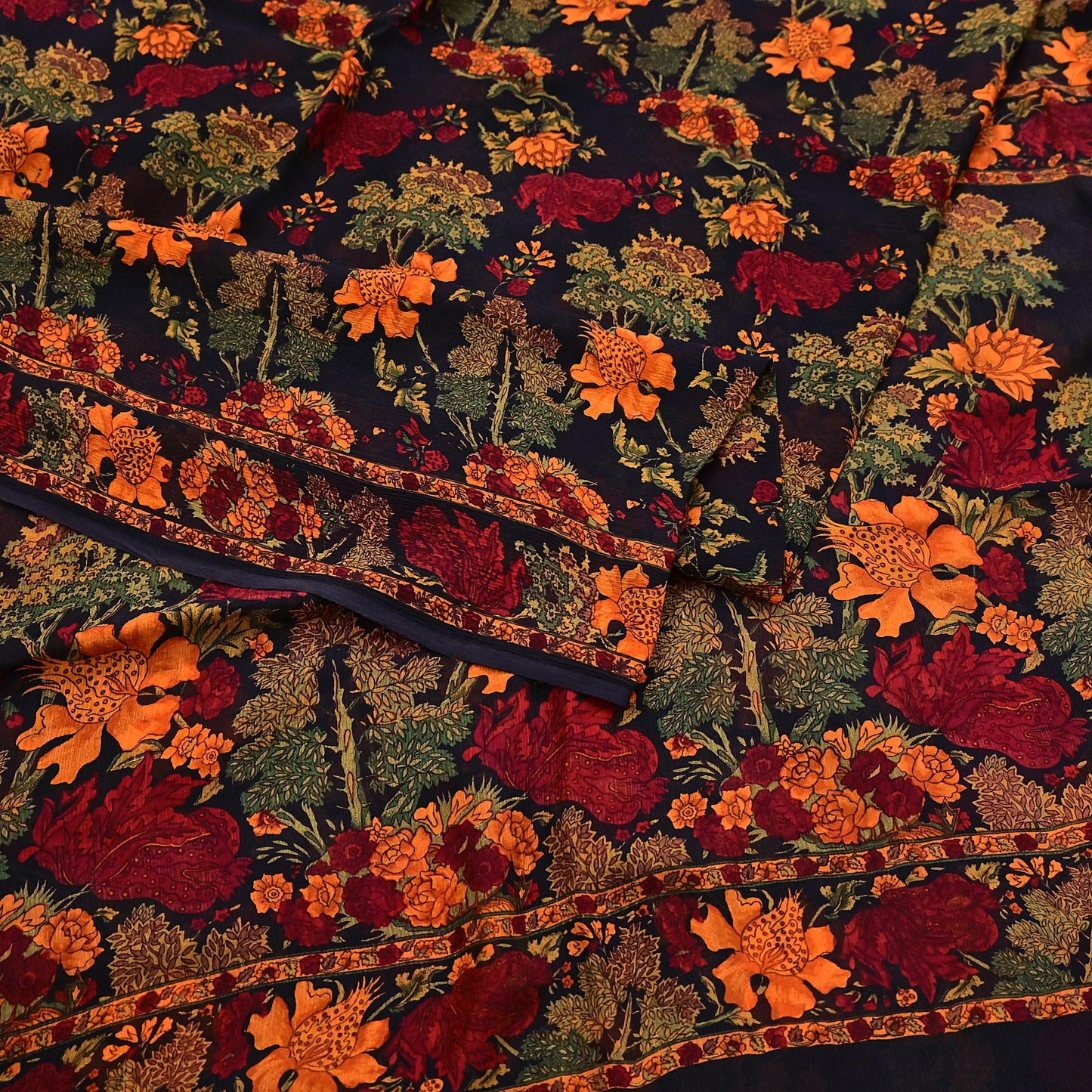 Indian Vintage Black Pure Chiffon Silk Saree Printed Floral Design 5 Yards Sheer Soft Fabric for Sewing, Dressmaking,