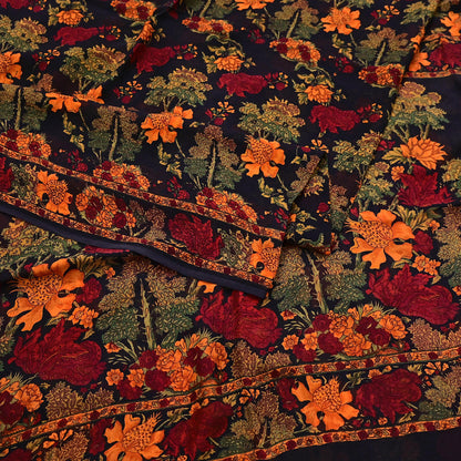 Indian Vintage Black Pure Chiffon Silk Saree Printed Floral Design 5 Yards Sheer Soft Fabric for Sewing, Dressmaking,