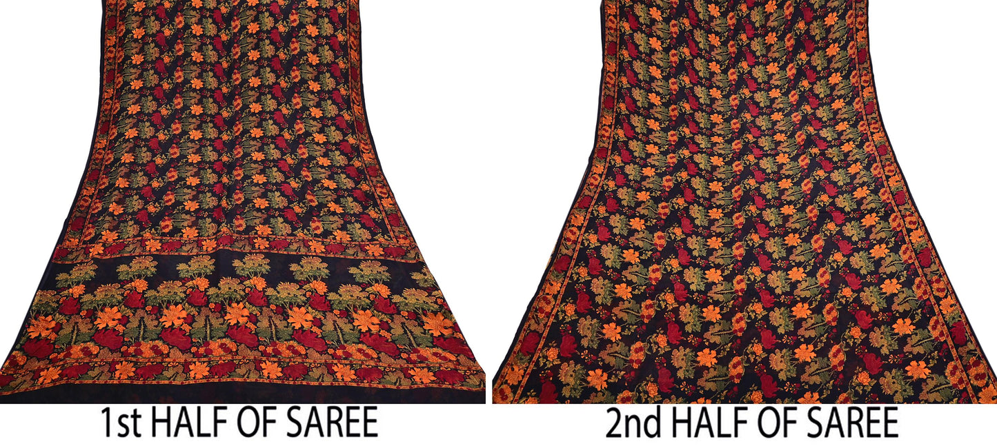 Indian Vintage Black Pure Chiffon Silk Saree Printed Floral Design 5 Yards Sheer Soft Fabric for Sewing, Dressmaking,