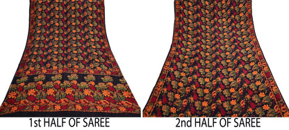 Indian Vintage Black Pure Chiffon Silk Saree Printed Floral Design 5 Yards Sheer Soft Fabric for Sewing, Dressmaking,