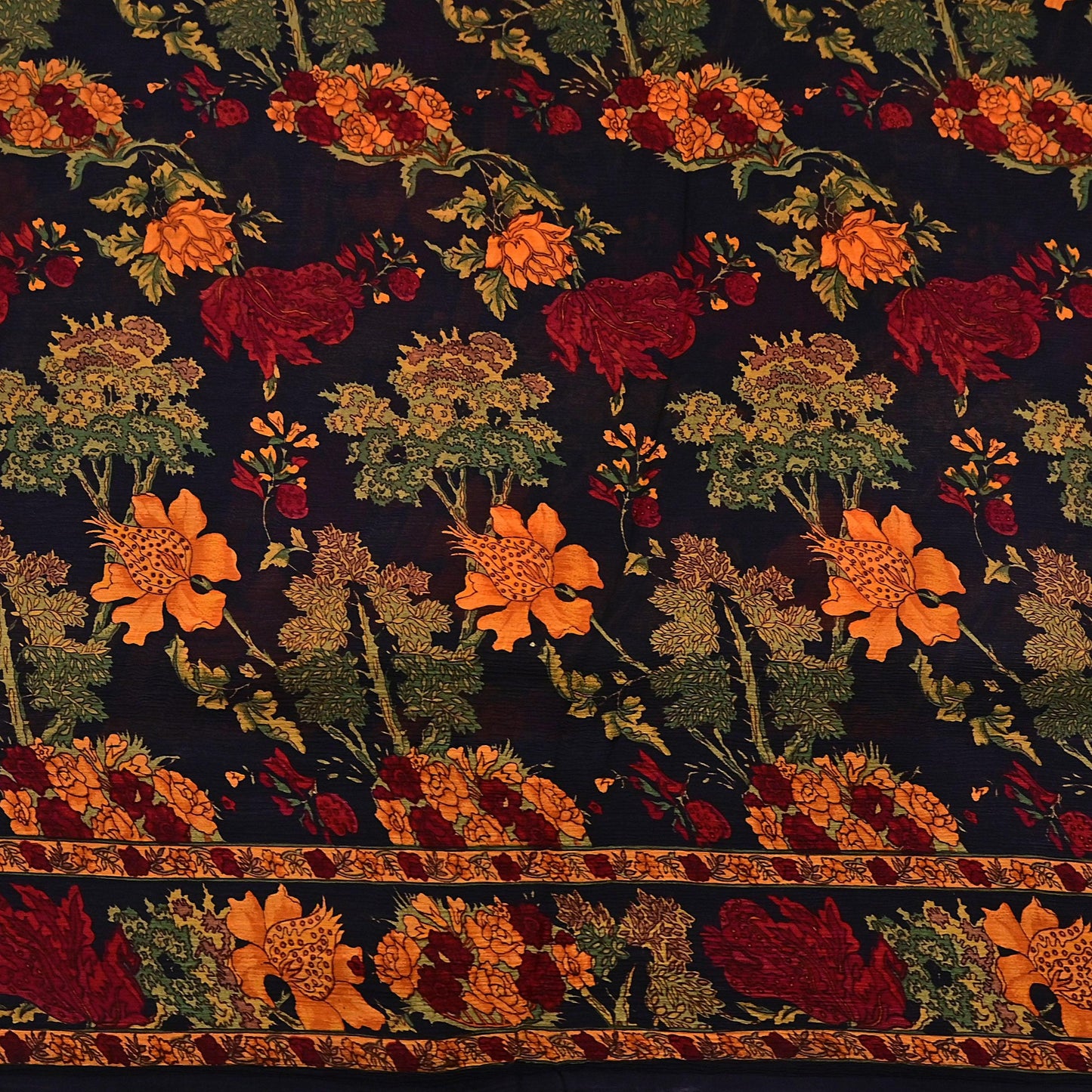 Indian Vintage Black Pure Chiffon Silk Saree Printed Floral Design 5 Yards Sheer Soft Fabric for Sewing, Dressmaking,