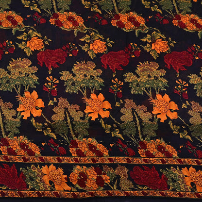 Indian Vintage Black Pure Chiffon Silk Saree Printed Floral Design 5 Yards Sheer Soft Fabric for Sewing, Dressmaking,