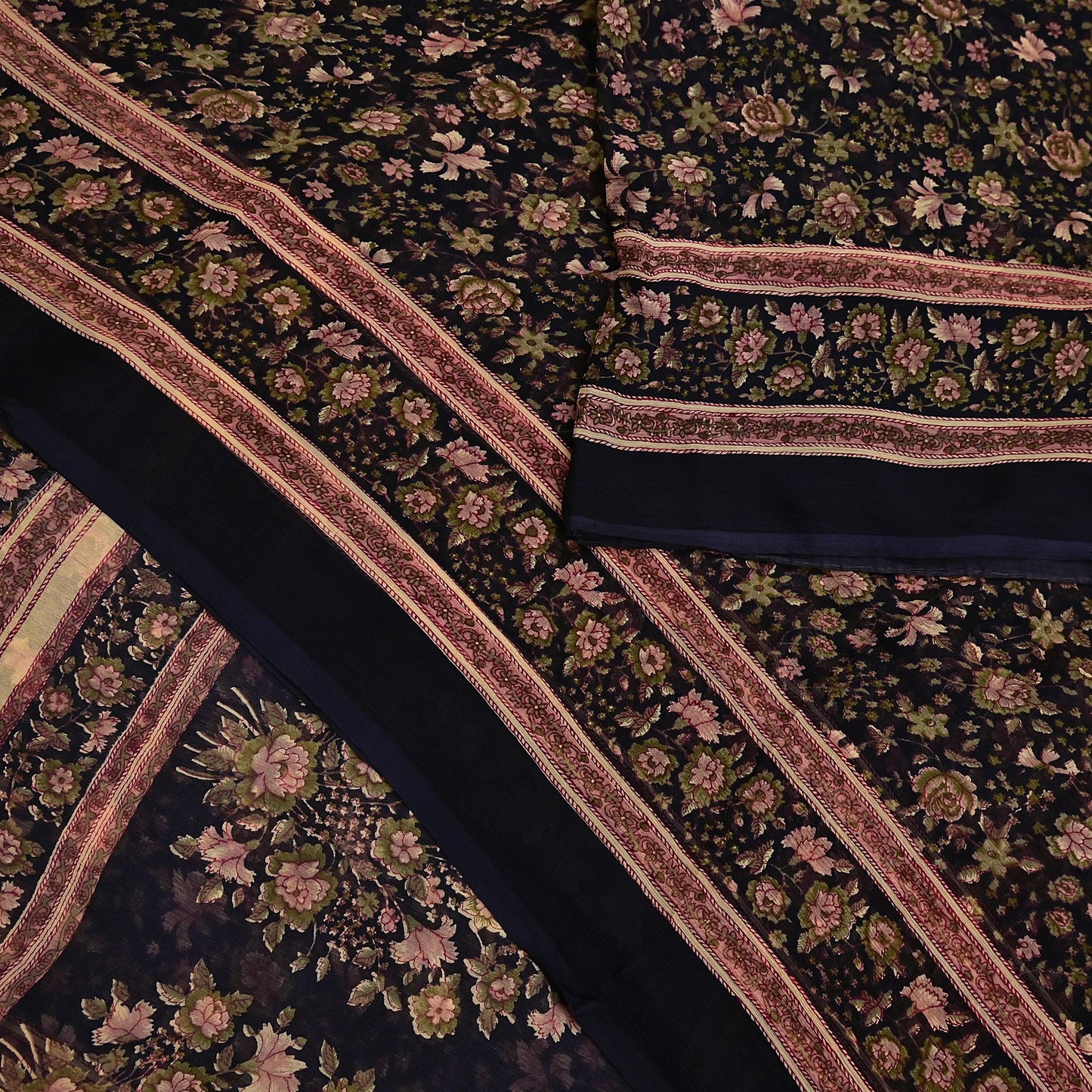 Indian Vintage Black Pure Chiffon Silk Saree Printed Floral Design 5 Yards Sheer Soft Fabric for Sewing, Dressmaking,