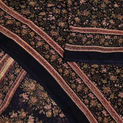 Indian Vintage Black Pure Chiffon Silk Saree Printed Floral Design 5 Yards Sheer Soft Fabric for Sewing, Dressmaking,