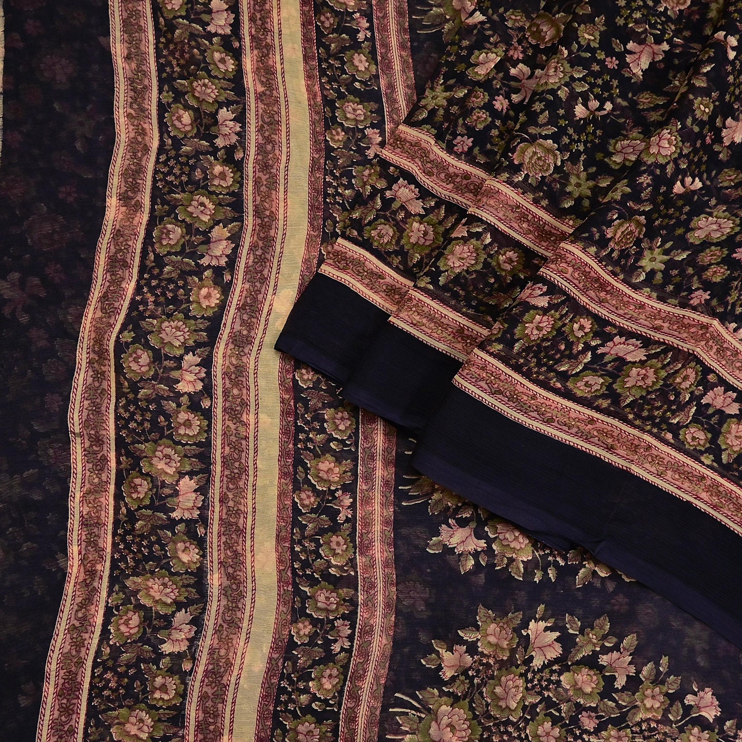 Indian Vintage Black Pure Chiffon Silk Saree Printed Floral Design 5 Yards Sheer Soft Fabric for Sewing, Dressmaking,