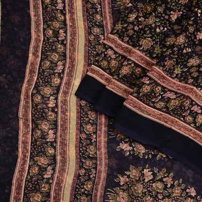 Indian Vintage Black Pure Chiffon Silk Saree Printed Floral Design 5 Yards Sheer Soft Fabric for Sewing, Dressmaking,
