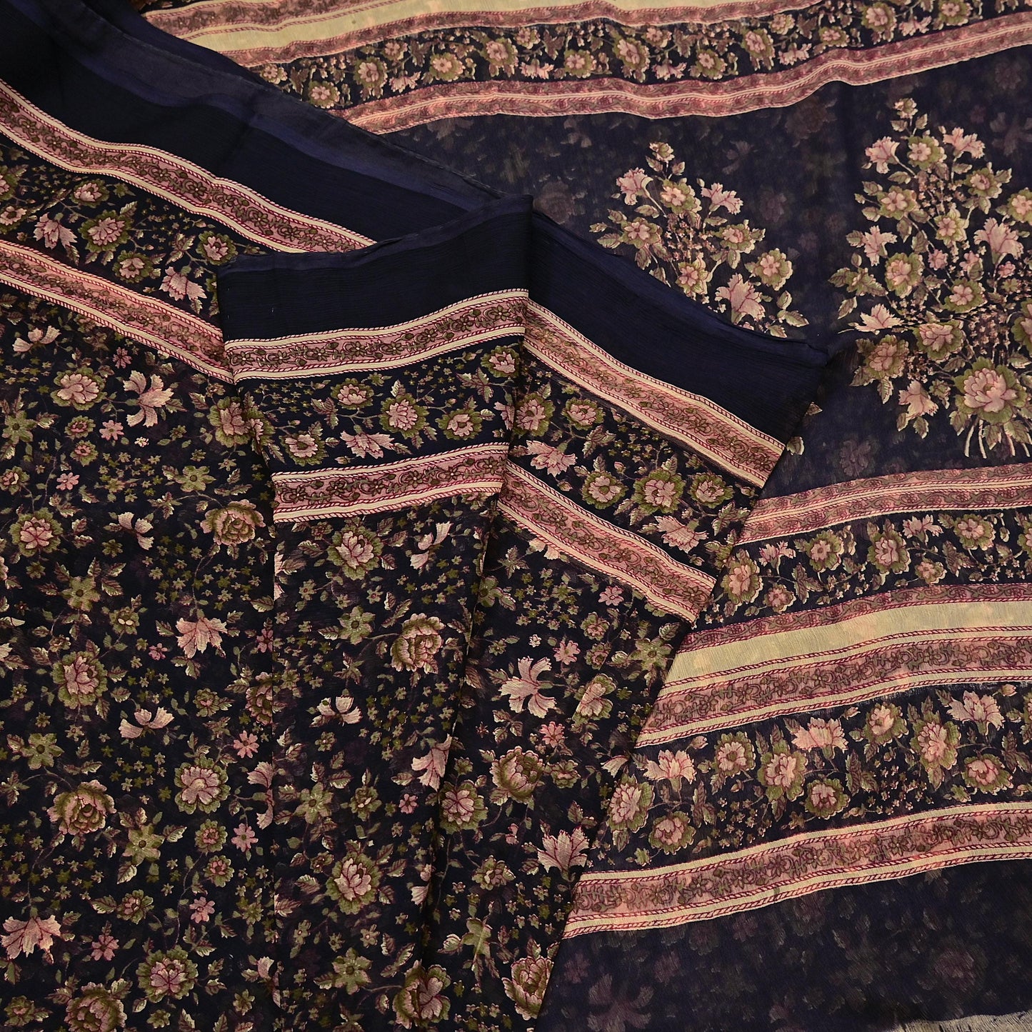 Indian Vintage Black Pure Chiffon Silk Saree Printed Floral Design 5 Yards Sheer Soft Fabric for Sewing, Dressmaking,