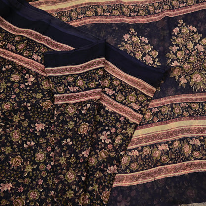 Indian Vintage Black Pure Chiffon Silk Saree Printed Floral Design 5 Yards Sheer Soft Fabric for Sewing, Dressmaking,