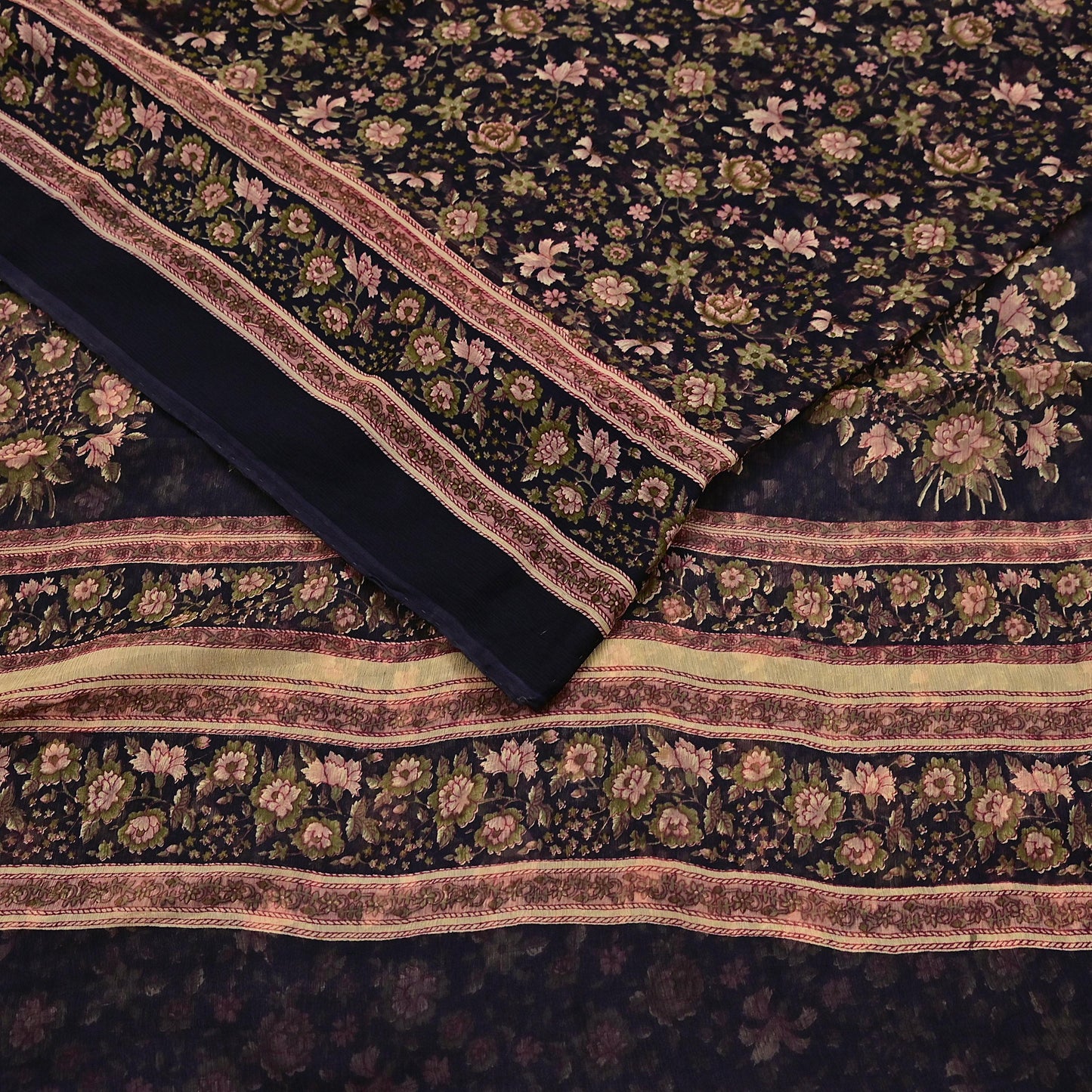 Indian Vintage Black Pure Chiffon Silk Saree Printed Floral Design 5 Yards Sheer Soft Fabric for Sewing, Dressmaking,