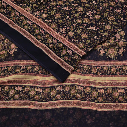 Indian Vintage Black Pure Chiffon Silk Saree Printed Floral Design 5 Yards Sheer Soft Fabric for Sewing, Dressmaking,