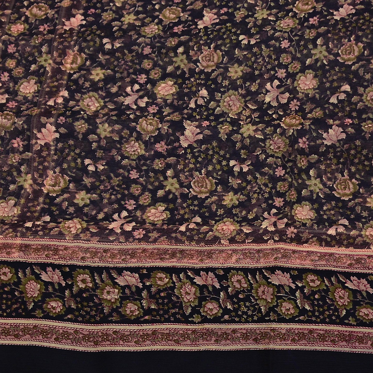 Indian Vintage Black Pure Chiffon Silk Saree Printed Floral Design 5 Yards Sheer Soft Fabric for Sewing, Dressmaking,