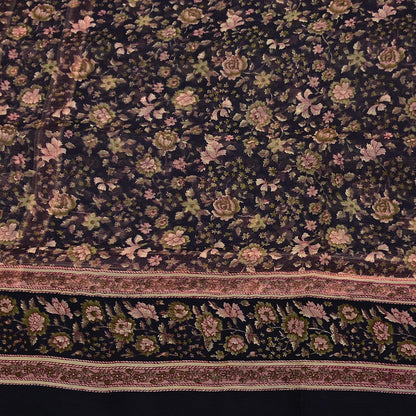Indian Vintage Black Pure Chiffon Silk Saree Printed Floral Design 5 Yards Sheer Soft Fabric for Sewing, Dressmaking,