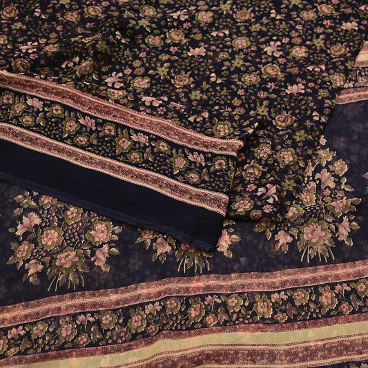 Indian Vintage Black Pure Chiffon Silk Saree Printed Floral Design 5 Yards Sheer Soft Fabric for Sewing, Dressmaking,