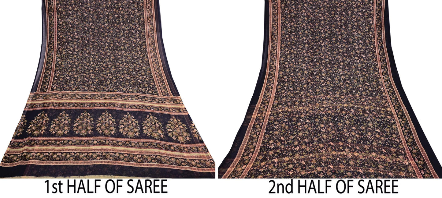 Indian Vintage Black Pure Chiffon Silk Saree Printed Floral Design 5 Yards Sheer Soft Fabric for Sewing, Dressmaking,