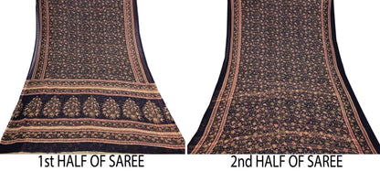 Indian Vintage Black Pure Chiffon Silk Saree Printed Floral Design 5 Yards Sheer Soft Fabric for Sewing, Dressmaking,