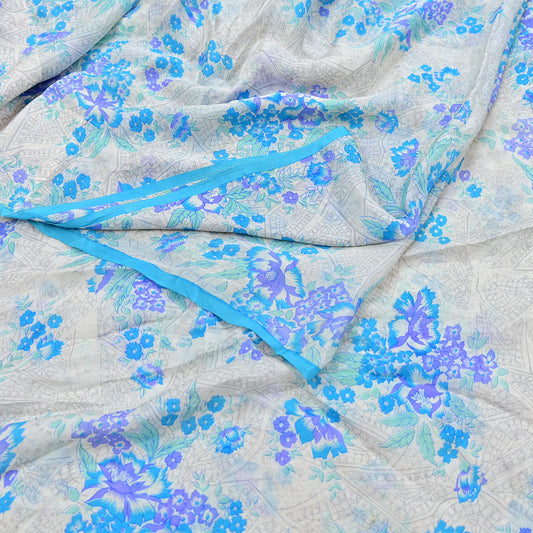 Indian Vintage Ivory & Blue Pure Silk Saree Floral Printed Fabric 5 Yards Craft Silk for Sewing, Quilting, Dressmaking, Upcycling