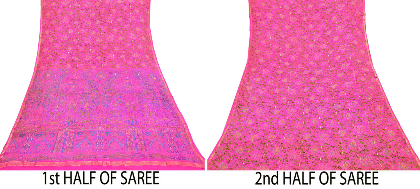 Indian Vintage Pink Saree 100% Pure Silk Printed Sari 5yard Sewing Craft Fabric DressMaking Soft Golden Zari