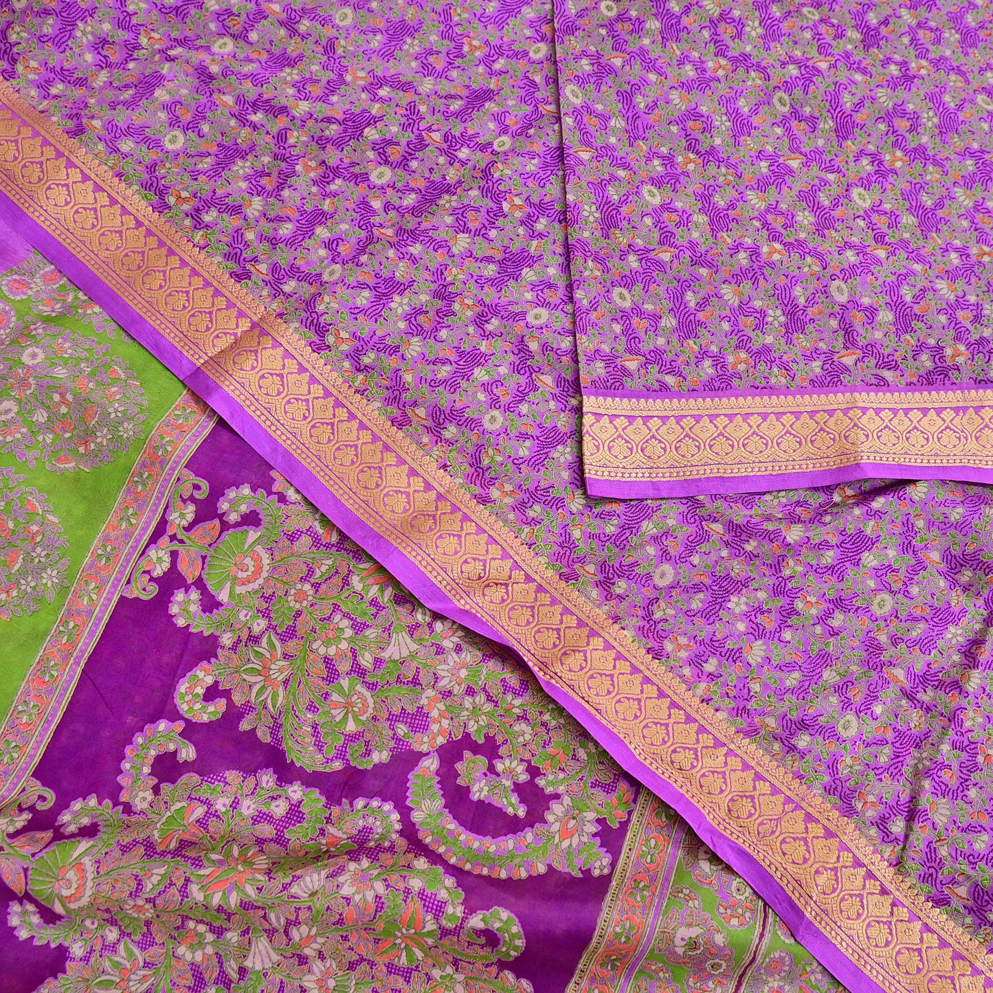 Indian Vintage Sari Purple 100% Pure Silk Printed Sarees 5yd Sewing Craft Fabric Dress Making Soft Woven Border Upcycle Quilting