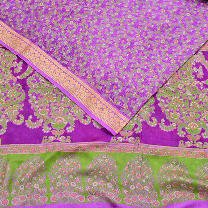 Indian Vintage Sari Purple 100% Pure Silk Printed Sarees 5yd Sewing Craft Fabric Dress Making Soft Woven Border Upcycle Quilting