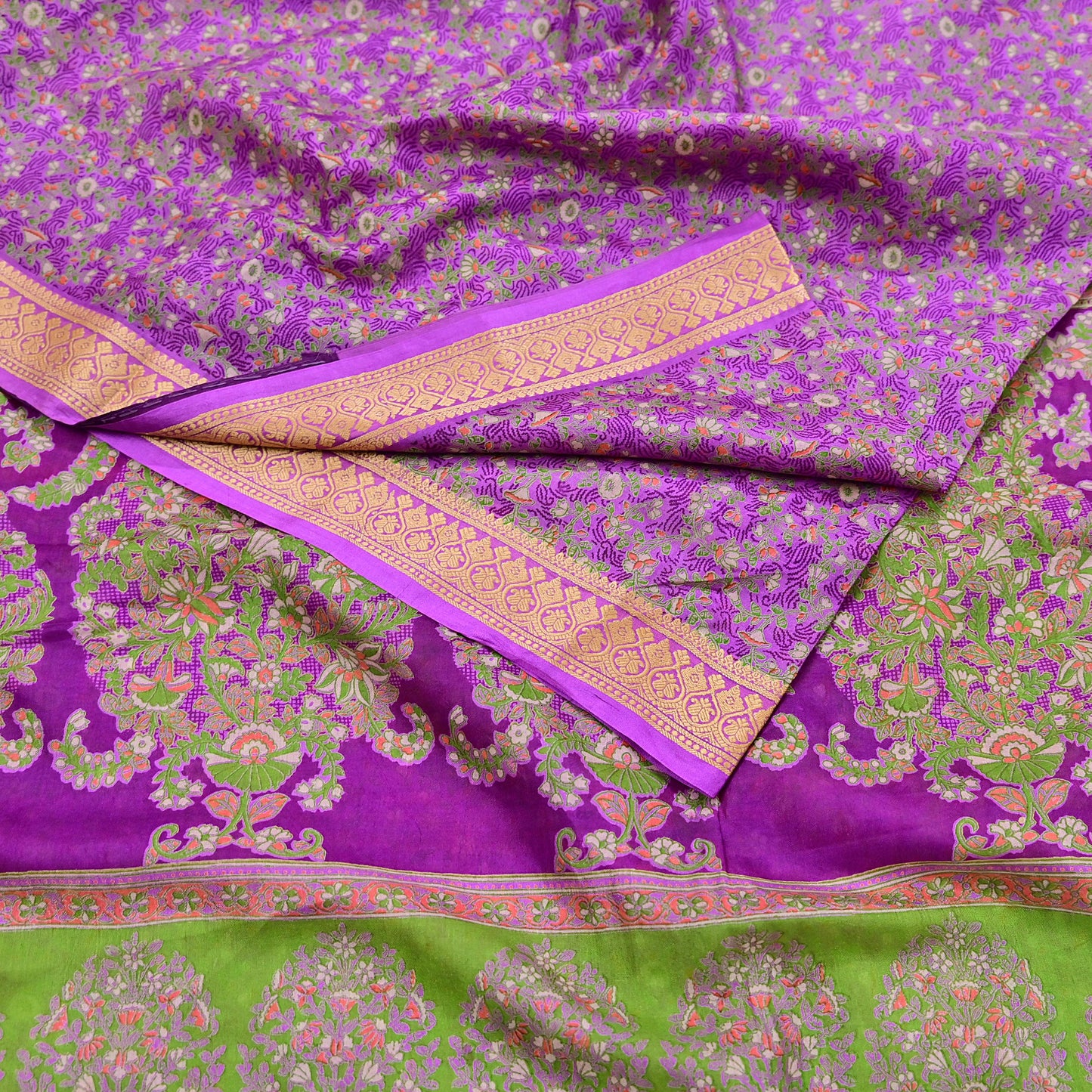 Indian Vintage Sari Purple 100% Pure Silk Printed Sarees 5yd Sewing Craft Fabric Dress Making Soft Woven Border Upcycle Quilting