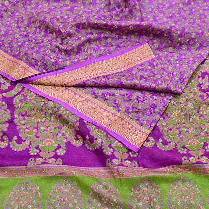 Indian Vintage Sari Purple 100% Pure Silk Printed Sarees 5yd Sewing Craft Fabric Dress Making Soft Woven Border Upcycle Quilting