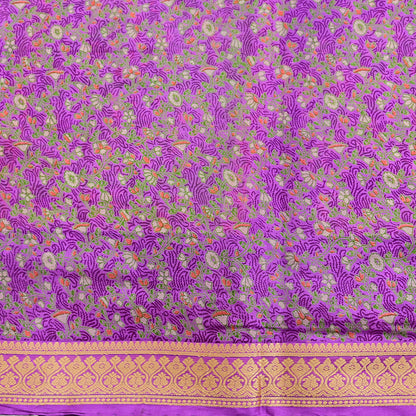 Indian Vintage Sari Purple 100% Pure Silk Printed Sarees 5yd Sewing Craft Fabric Dress Making Soft Woven Border Upcycle Quilting