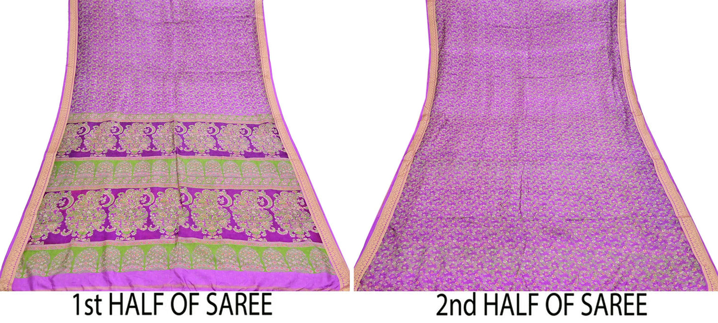 Indian Vintage Sari Purple 100% Pure Silk Printed Sarees 5yd Sewing Craft Fabric Dress Making Soft Woven Border Upcycle Quilting