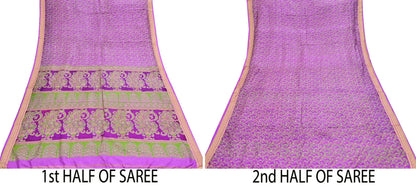 Indian Vintage Sari Purple 100% Pure Silk Printed Sarees 5yd Sewing Craft Fabric Dress Making Soft Woven Border Upcycle Quilting