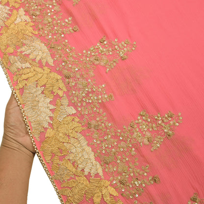 Indian Vintage Peach Saree Pure Chiffon Silk Pre-owned Hand Beaded Abu jani Designer Sari Fabric 5-Yards Soft Ethnic Bollywood Party sarees