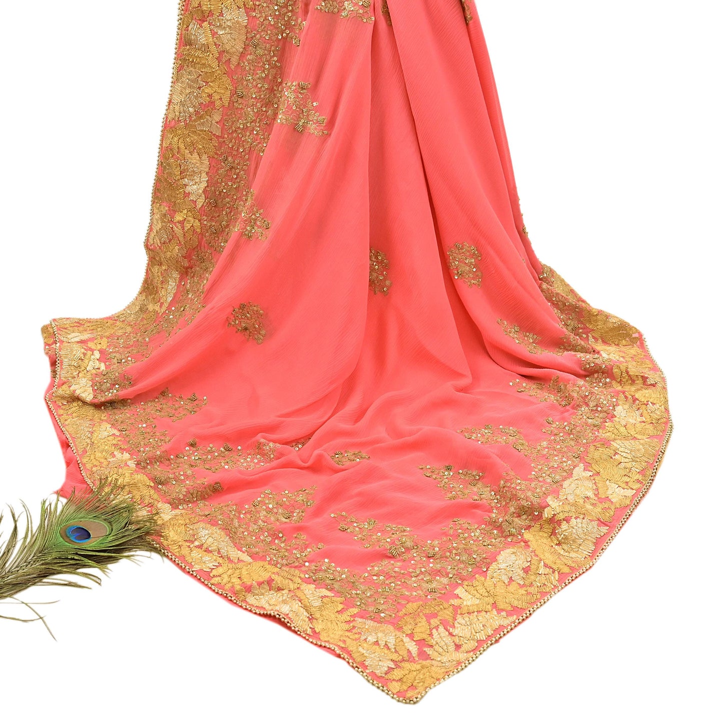 Indian Vintage Peach Saree Pure Chiffon Silk Pre-owned Hand Beaded Abu jani Designer Sari Fabric 5-Yards Soft Ethnic Bollywood Party sarees