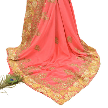 Indian Vintage Peach Saree Pure Chiffon Silk Pre-owned Hand Beaded Abu jani Designer Sari Fabric 5-Yards Soft Ethnic Bollywood Party sarees