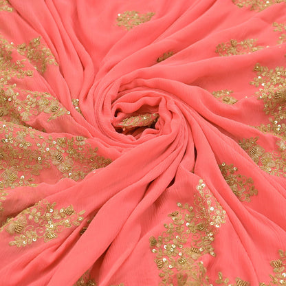 Indian Vintage Peach Saree Pure Chiffon Silk Pre-owned Hand Beaded Abu jani Designer Sari Fabric 5-Yards Soft Ethnic Bollywood Party sarees