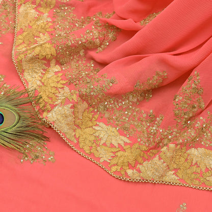 Indian Vintage Peach Saree Pure Chiffon Silk Pre-owned Hand Beaded Abu jani Designer Sari Fabric 5-Yards Soft Ethnic Bollywood Party sarees