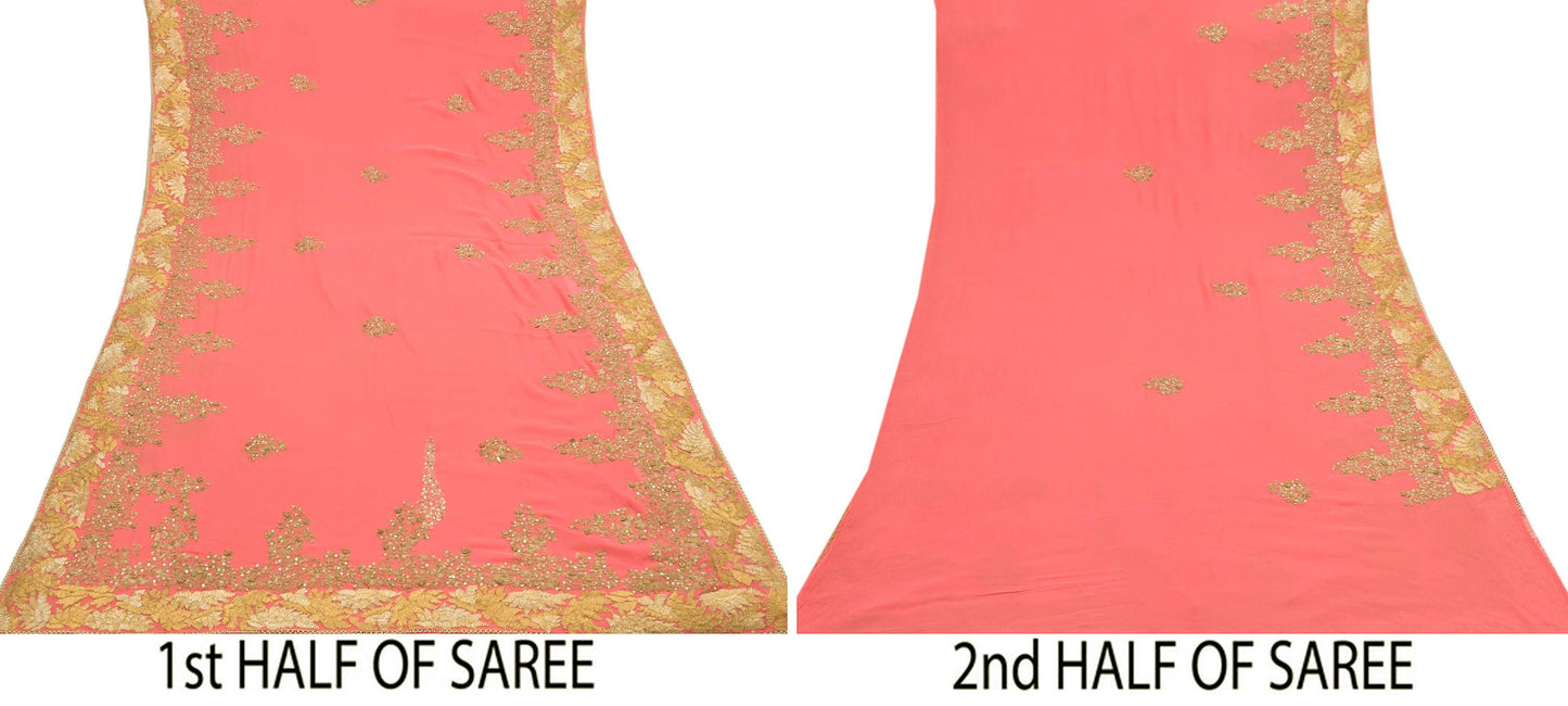 Indian Vintage Peach Saree Pure Chiffon Silk Pre-owned Hand Beaded Abu jani Designer Sari Fabric 5-Yards Soft Ethnic Bollywood Party sarees