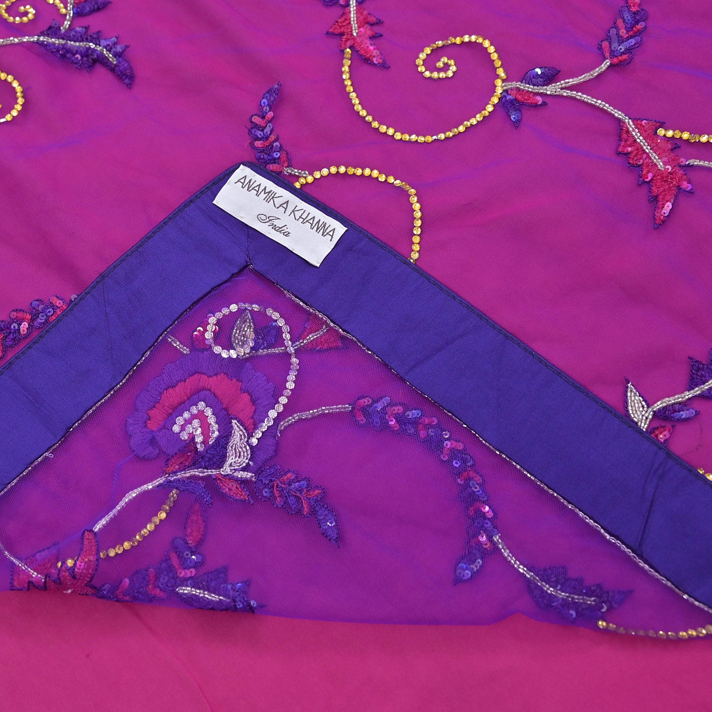 Indian Vintage Sari Pink & Purple Net/Pure Georgette Silk Hand Embroidered Anamika Khanna Designer Sarees Ethnic 6Yd with Blouse Fabric