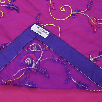 Indian Vintage Sari Pink & Purple Net/Pure Georgette Silk Hand Embroidered Anamika Khanna Designer Sarees Ethnic 6Yd with Blouse Fabric