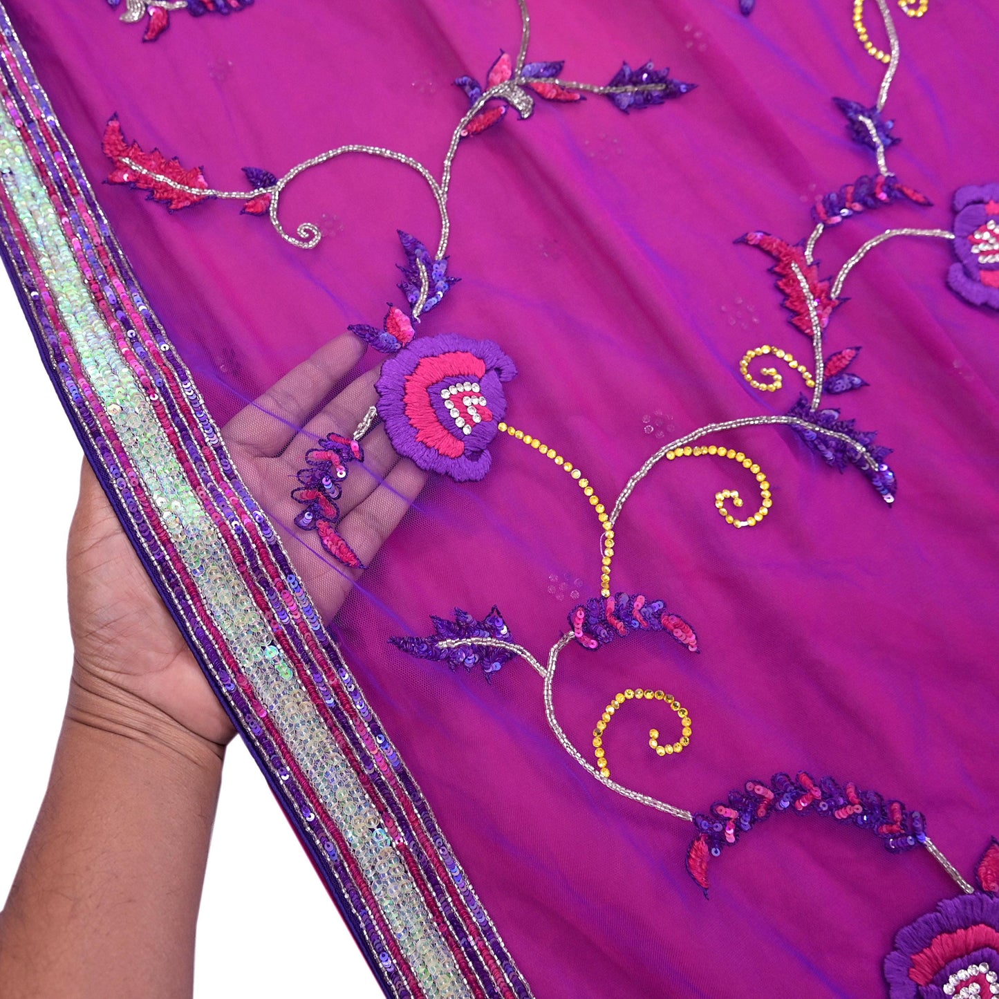 Indian Vintage Sari Pink & Purple Net/Pure Georgette Silk Hand Embroidered Anamika Khanna Designer Sarees Ethnic 6Yd with Blouse Fabric