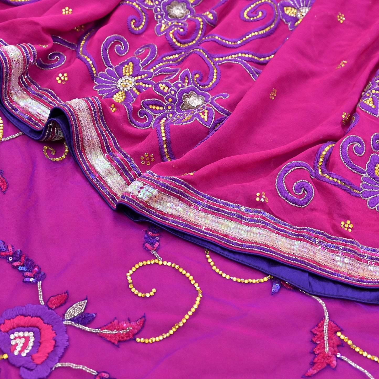 Indian Vintage Sari Pink & Purple Net/Pure Georgette Silk Hand Embroidered Anamika Khanna Designer Sarees Ethnic 6Yd with Blouse Fabric