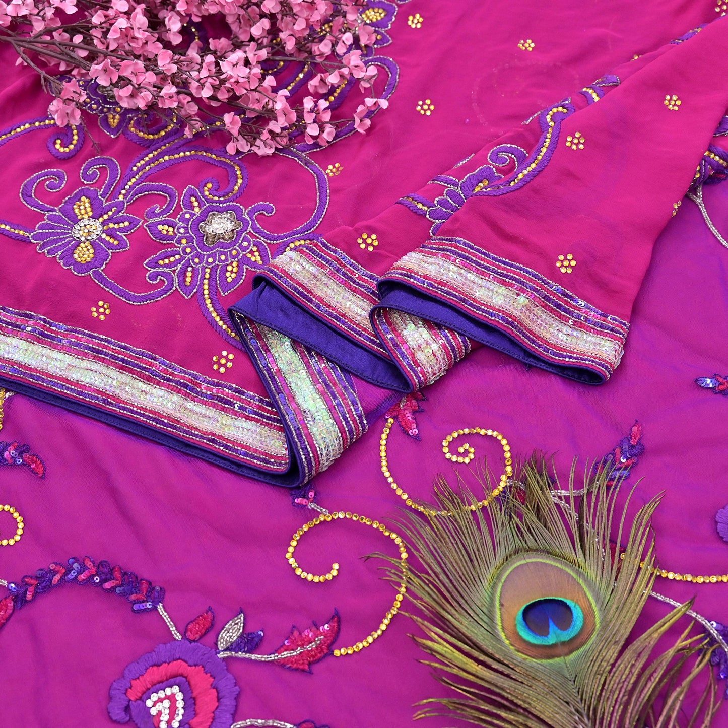 Indian Vintage Sari Pink & Purple Net/Pure Georgette Silk Hand Embroidered Anamika Khanna Designer Sarees Ethnic 6Yd with Blouse Fabric