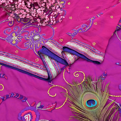 Indian Vintage Sari Pink & Purple Net/Pure Georgette Silk Hand Embroidered Anamika Khanna Designer Sarees Ethnic 6Yd with Blouse Fabric