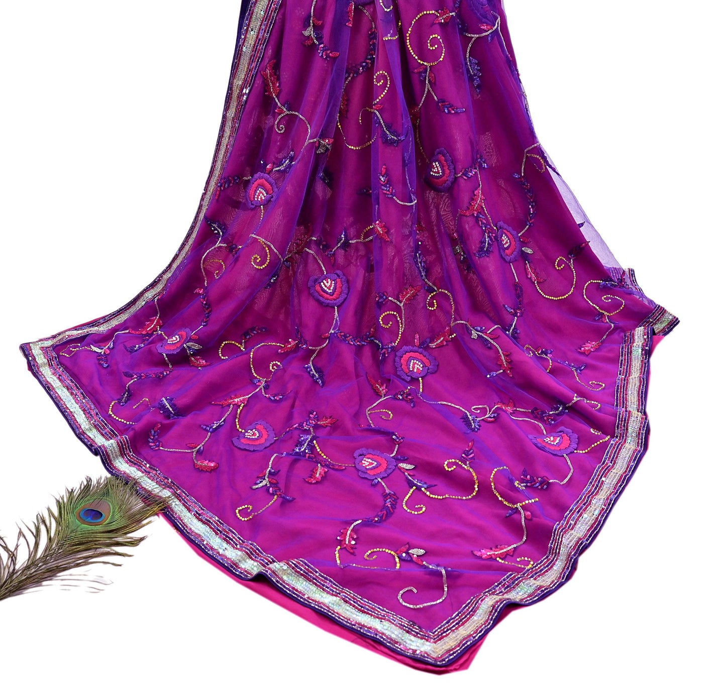 Indian Vintage Sari Pink & Purple Net/Pure Georgette Silk Hand Embroidered Anamika Khanna Designer Sarees Ethnic 6Yd with Blouse Fabric
