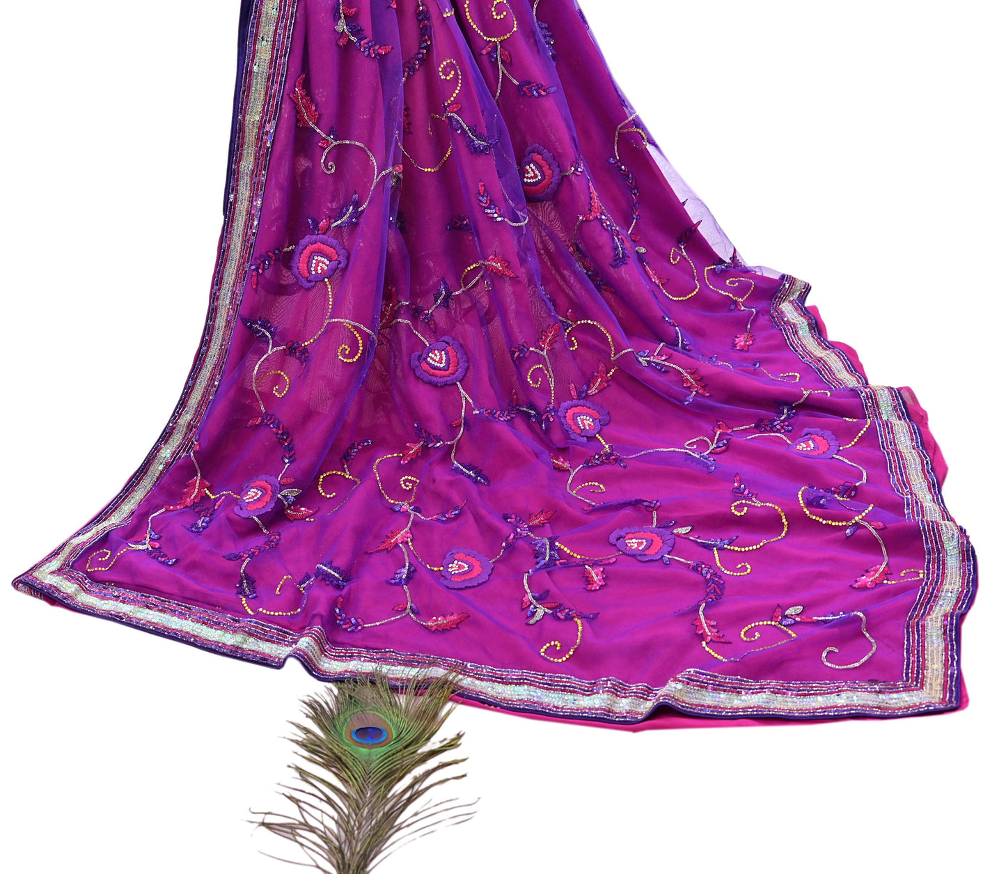 Indian Vintage Sari Pink & Purple Net/Pure Georgette Silk Hand Embroidered Anamika Khanna Designer Sarees Ethnic 6Yd with Blouse Fabric