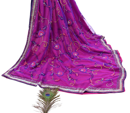Indian Vintage Sari Pink & Purple Net/Pure Georgette Silk Hand Embroidered Anamika Khanna Designer Sarees Ethnic 6Yd with Blouse Fabric
