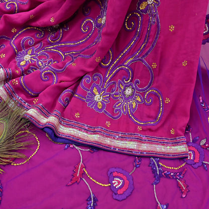 Indian Vintage Sari Pink & Purple Net/Pure Georgette Silk Hand Embroidered Anamika Khanna Designer Sarees Ethnic 6Yd with Blouse Fabric
