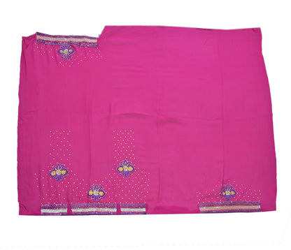 Indian Vintage Sari Pink & Purple Net/Pure Georgette Silk Hand Embroidered Anamika Khanna Designer Sarees Ethnic 6Yd with Blouse Fabric