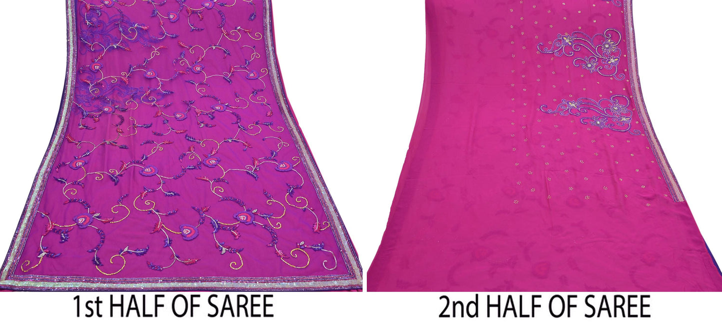 Indian Vintage Sari Pink & Purple Net/Pure Georgette Silk Hand Embroidered Anamika Khanna Designer Sarees Ethnic 6Yd with Blouse Fabric